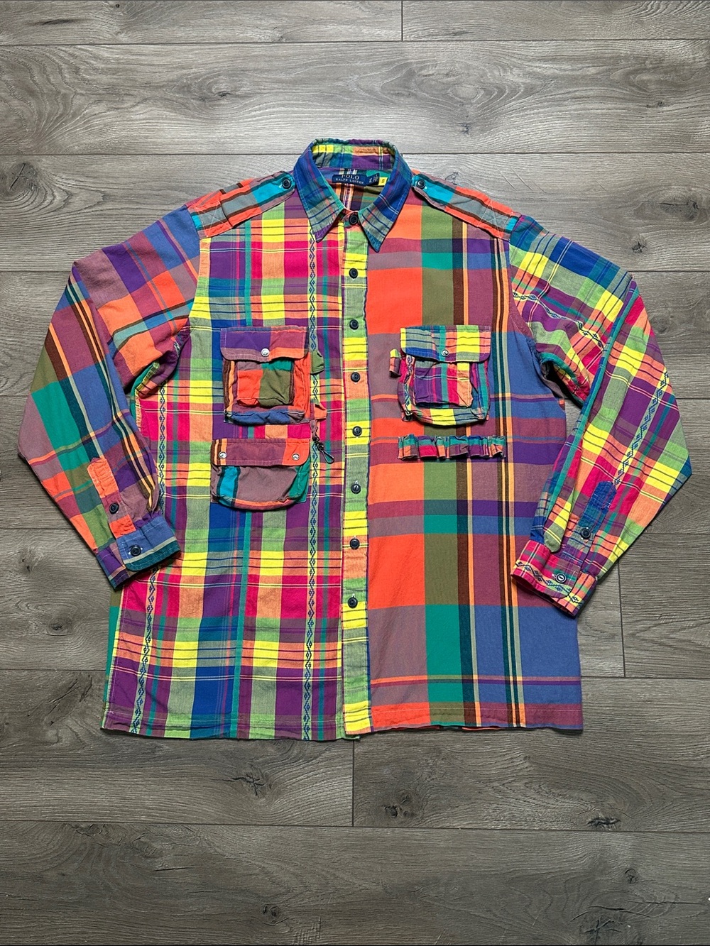 Polo‎ Ralph Lauren Madras Fun Overshirt Utility Patchwork Multi Long Sleeves LT